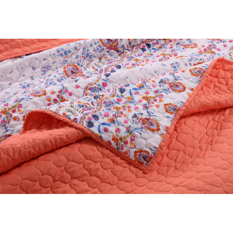 King Size Blue and Coral Microfiber Reversible Quilt Set