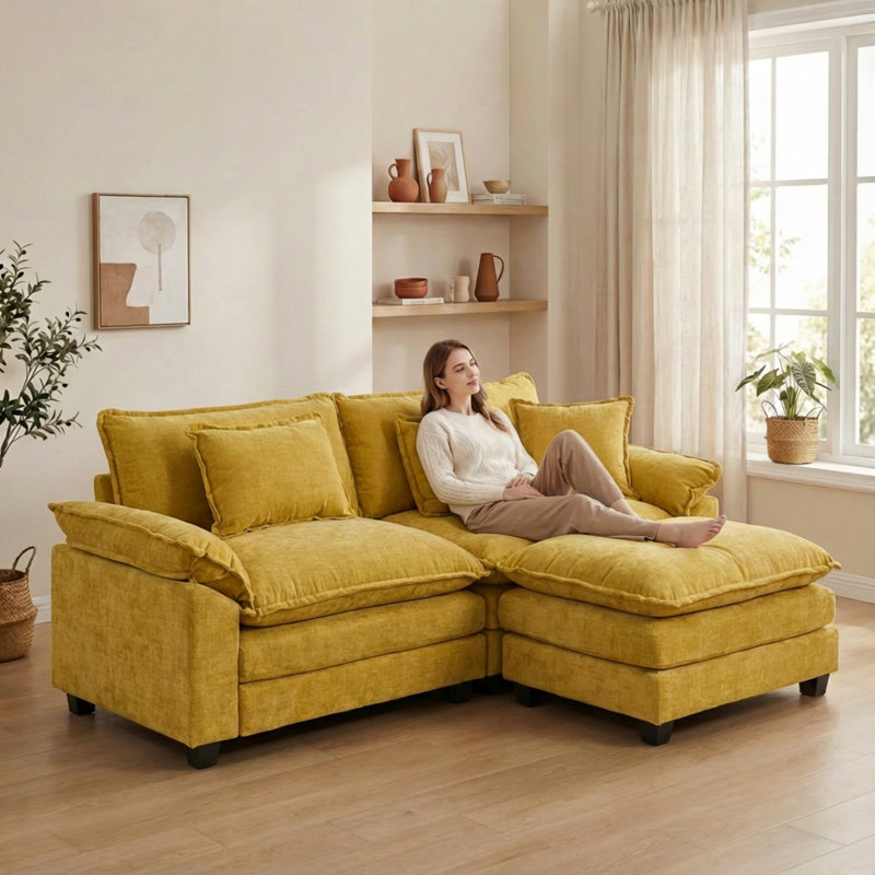Canapé modulaire moderne à 3 places en L 86 po avec repose-pieds amovible, Chenille jaune