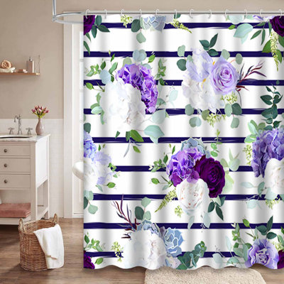 Rideau de douche à rayures bleu marine et bleu sarcelle avec 12 crochets