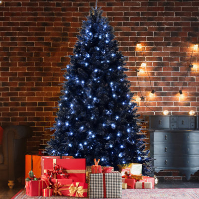 Arbre de Noël noir de 6 pi avec 350 lumières DEL blanches, arbre artificiel en PE + PVC 1460 pointes pour décoration d'Halloween et des Fêtes, structure à charnières avec support en métal stable