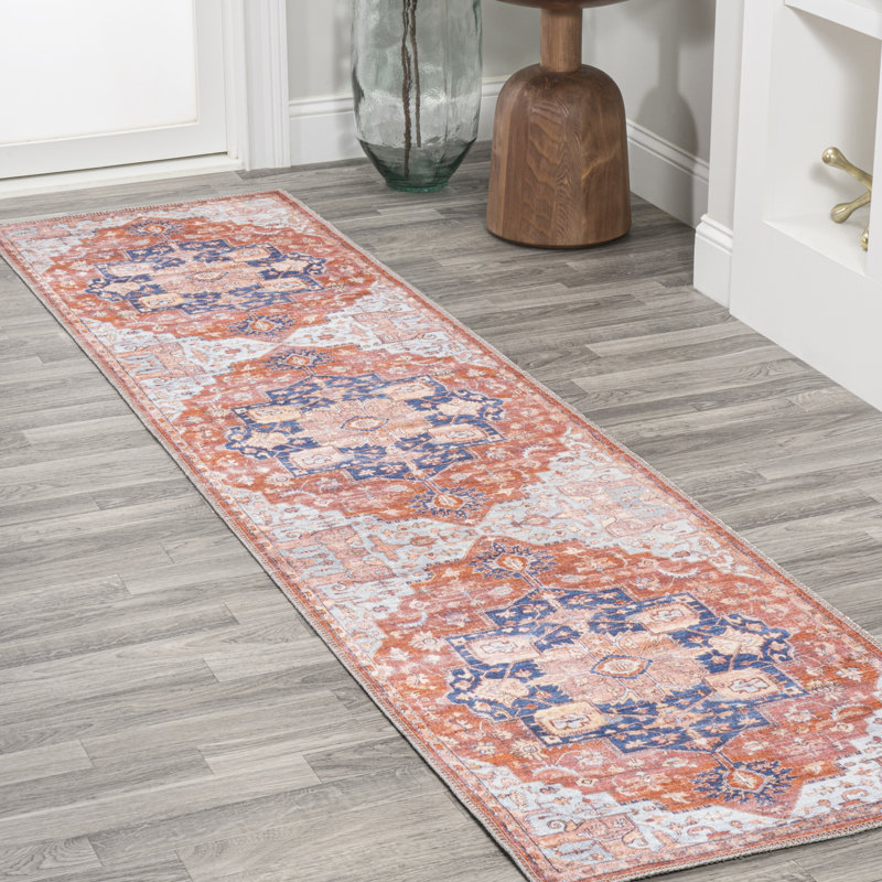 Ville Ornate Medallion Machine-Washable Terracotta/Navy Rug, Runner 2' x 8'