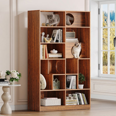 Modern 2 IN 1 Wood Bookshelf  Cat House, Cat Tree Display Case With Storage, Cat Litter Box Enclosure Climbing Shelf - BROWN