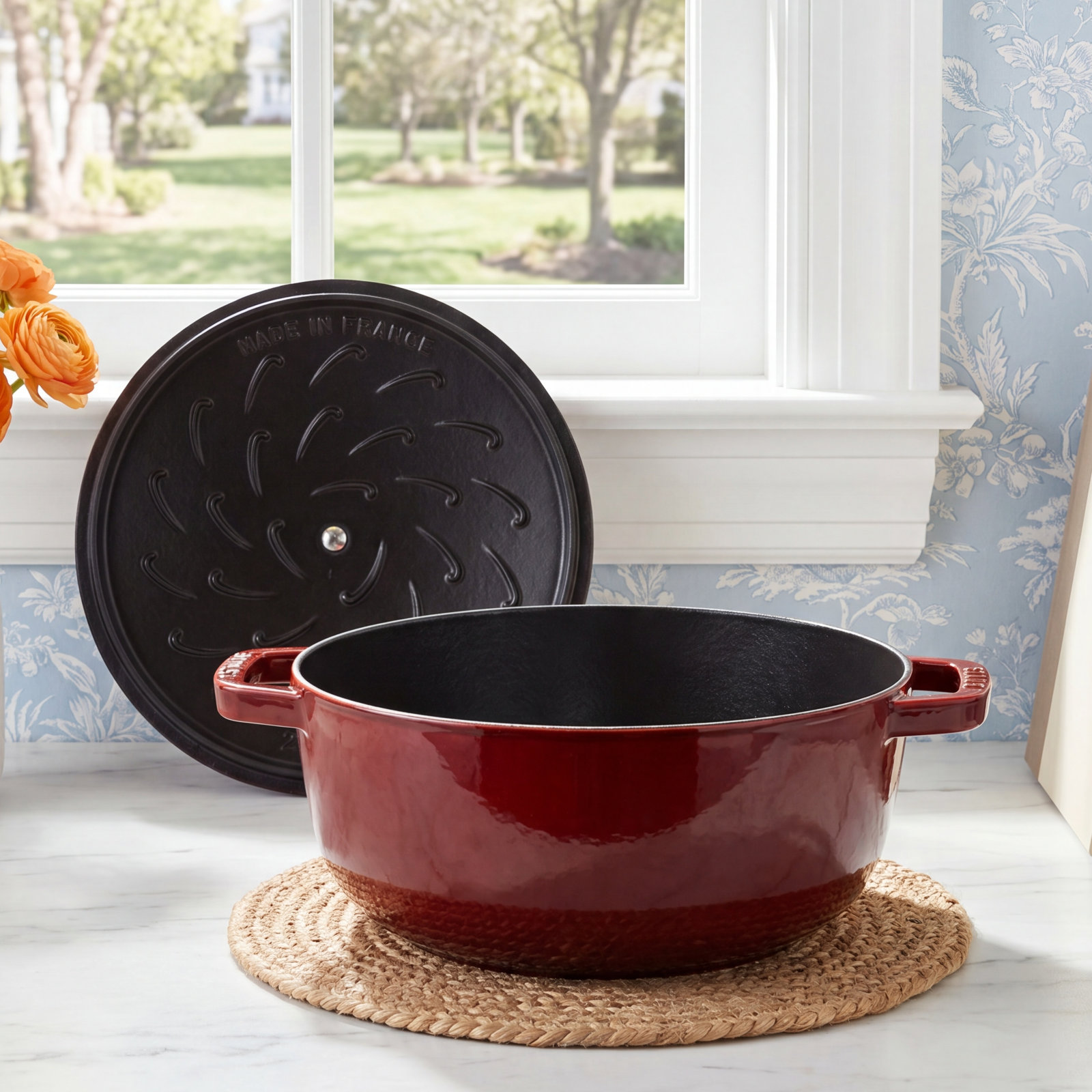 Enameled Cast Iron Rooster Dutch Oven, Grenadine