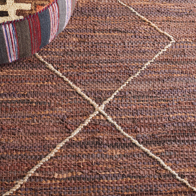 Brown and Natural 6' x 6' Square Leather Geometric Rug