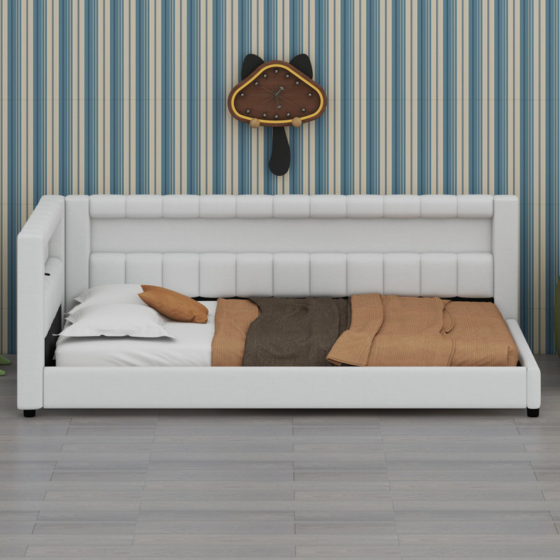 Smart Upholstered Low-Profile Bed with Connected USB Hub and Decorative Light Belt, Cream White