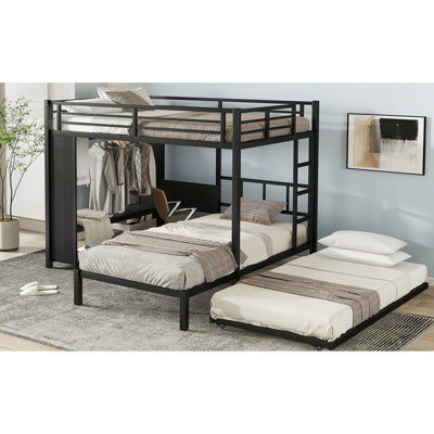 Lit superposé double au-dessus d'un lit simple en métal avec lit gigogne, bureau pliant, garde-robe encastré, plan de configuration peu encombrant, garantie de finition standard, arrangement de barrières de sécurité