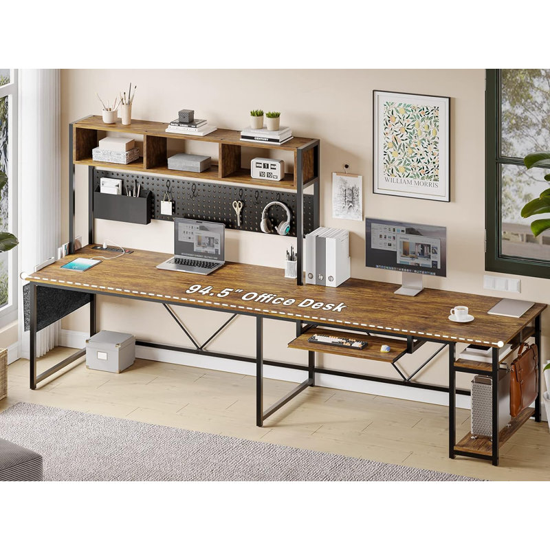 Truet L-Shaped Metal Base Computer Desk with Power Outlet, Rustic Brown/Black