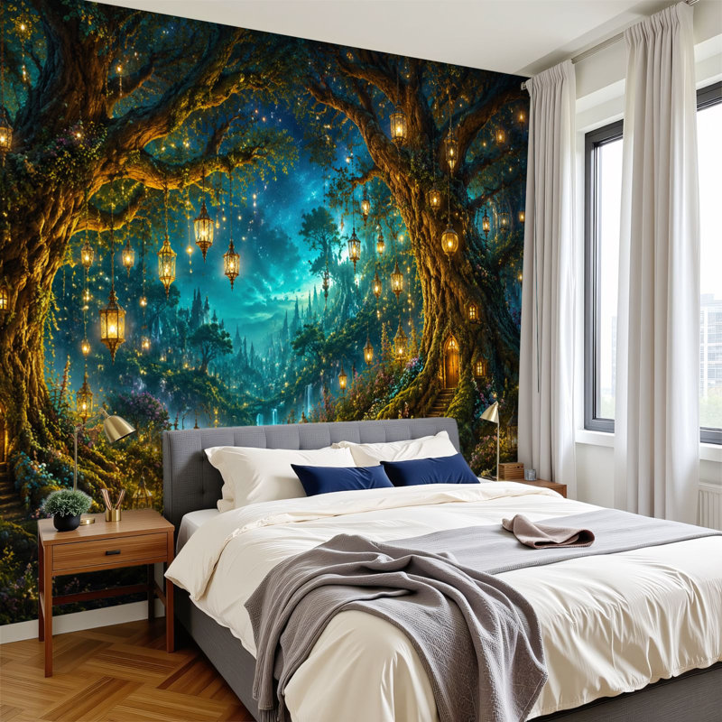Papier peint adhésif pelez et collez Scène de forêt, lanternes lumineuses, étincelles magiques, art mural, 99.6" L x 144" W