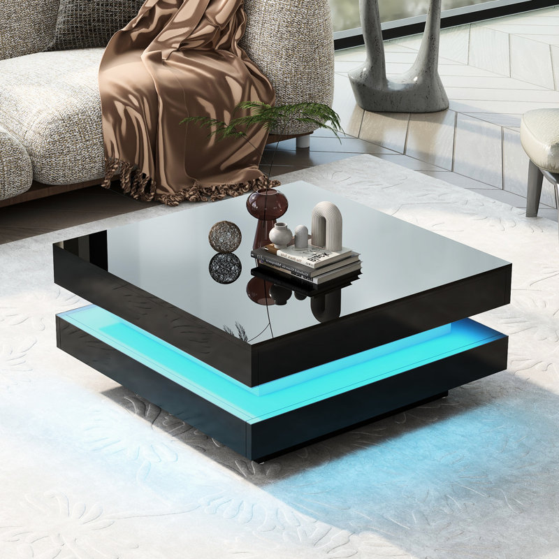 2 tables de salon carrées avec lumières à DEL, noir ultrabrillant, 31,5 po x 31,5 po x 14,2 po, conception de café robuste et noire, élégante