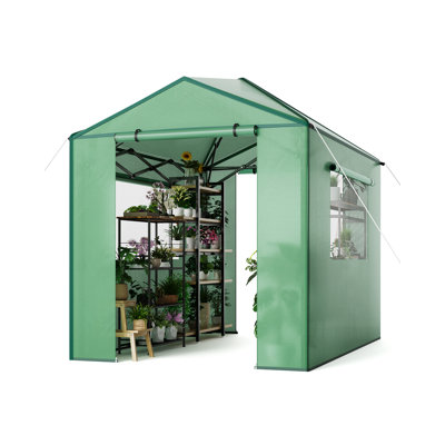 180x250 cm Pop-Up Greenhouse with Heavy-Duty PE Cover, Zippered Doors & Mesh Windows, Walk-In Grow Tent for Indoor Outdoor All-Season Plant Care (Green)