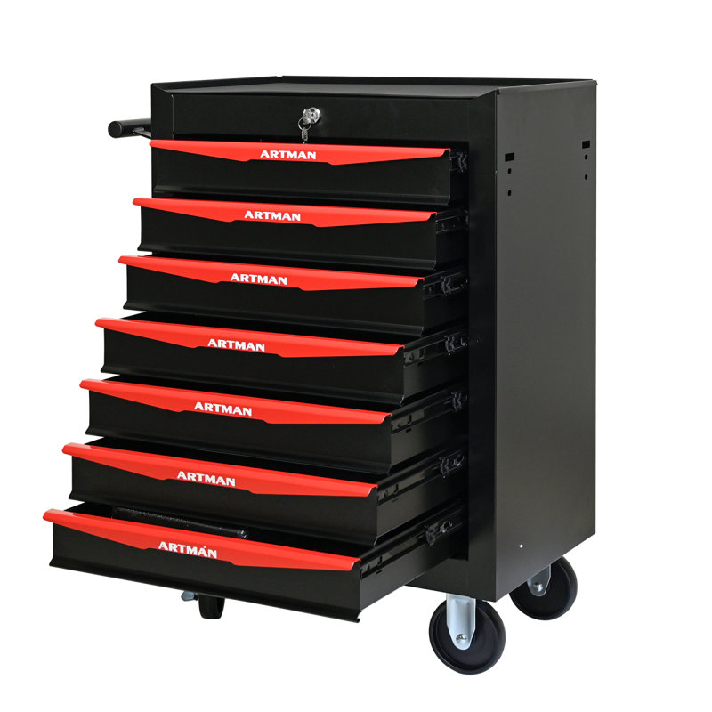 Coffre à outils roulant en métal avec 7 tiroirs, armoire à outils à 7 tiroirs avec glissières à roulement à billes de 20 po, boîte de rangement en acier noir et rouge