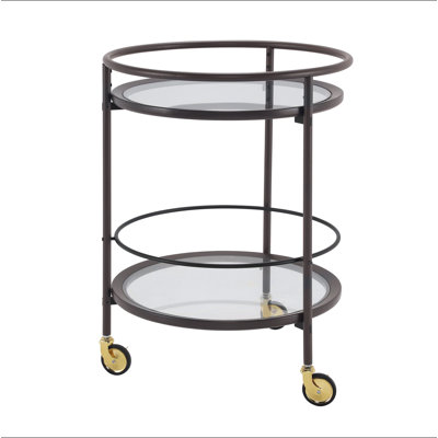 Chariot-bar rond Modern Coffee avec tablettes en verre trempé et roulettes verrouillables dorées