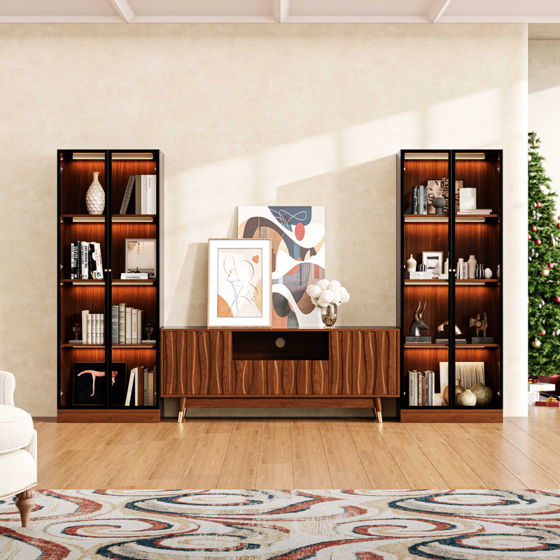 Meuble audio-vidéo 103 po x l 103,1 po avec tablettes pour télé 35/45/55 po, meuble télé Mid-Century moderne avec meuble télé avec rangement et deux vitrines à 4 niveaux avec portes en verre pour le salon, brun