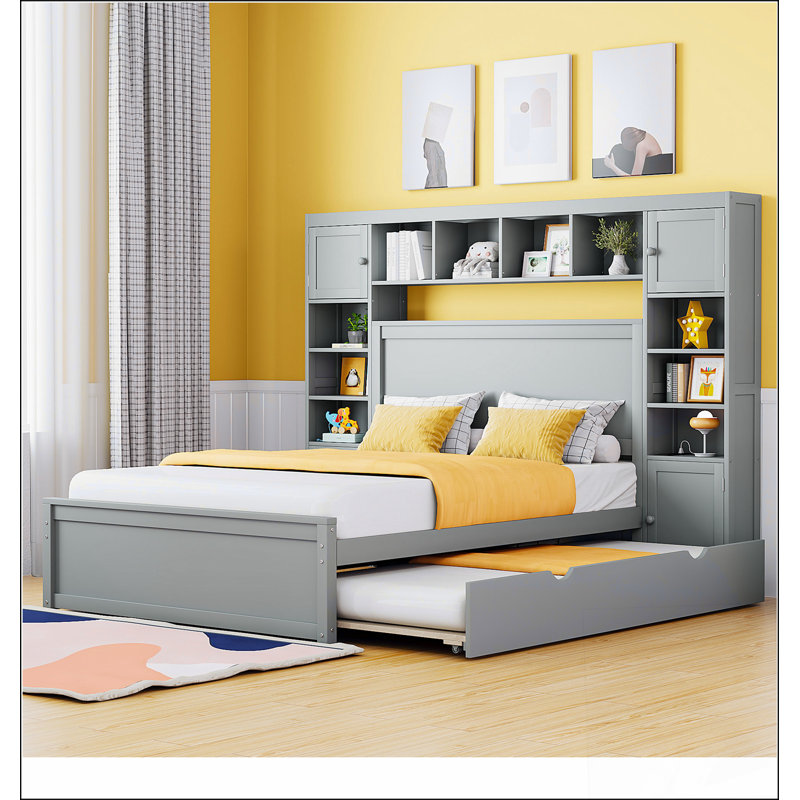 Lit double en bois avec armoire tout-en-un, tablette et prises, gris, Gris