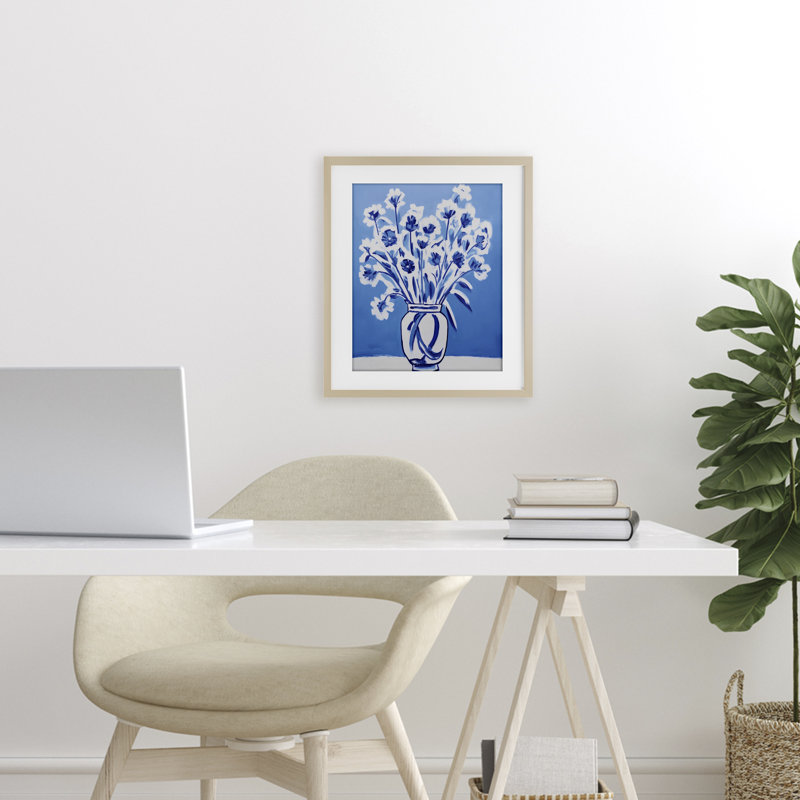 «Blue & White Contrast Flowers», reproduction encadrée sous verre encadrée de lettres et de lignes, Cadre de récolte en pin