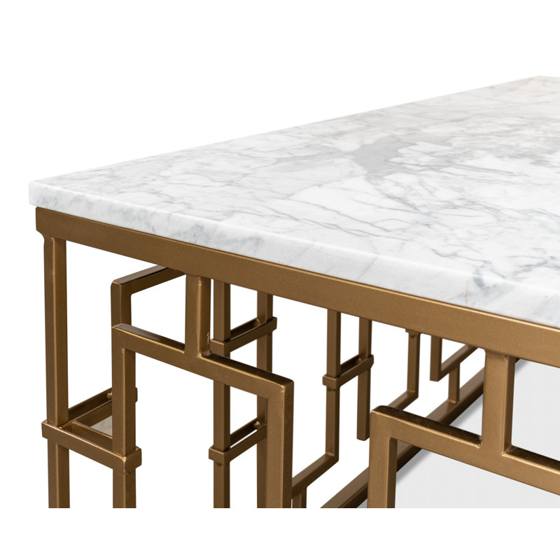 White Marble and Wood Square Coffee Table with Metal Base
