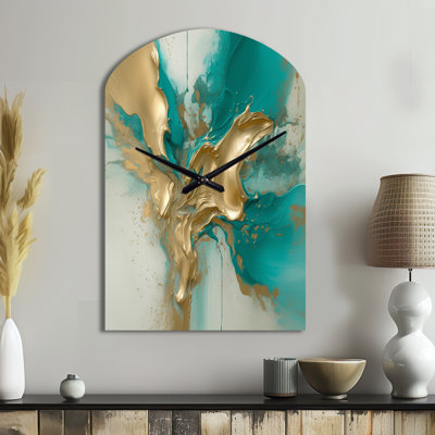 Horloge murale asymétrique en métal or et turquoise, encre dorée et turquoise