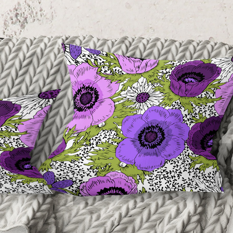 Coussin décoratif rétro à motif de fleurs monochromes - Mid-Century, 18 po x 18 po, Mauve