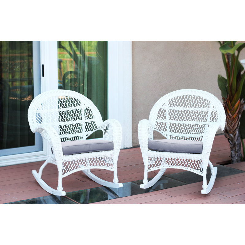 Chaise berçante en osier avec coussins Berchmans, Blanc, Bleu acier
