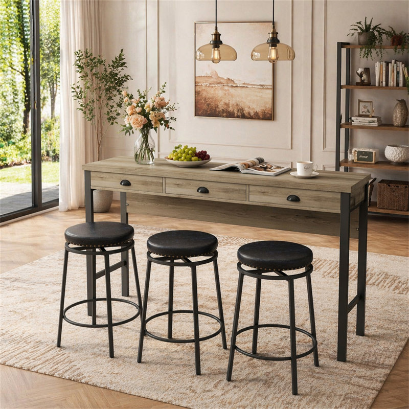 Ensemble de table de salle à manger à 3 tiroirs avec prises électriques, ensemble de table de bar avec tabourets circulaires en polyuréthane, facile à assembler, table gris-brun et tabouret noir