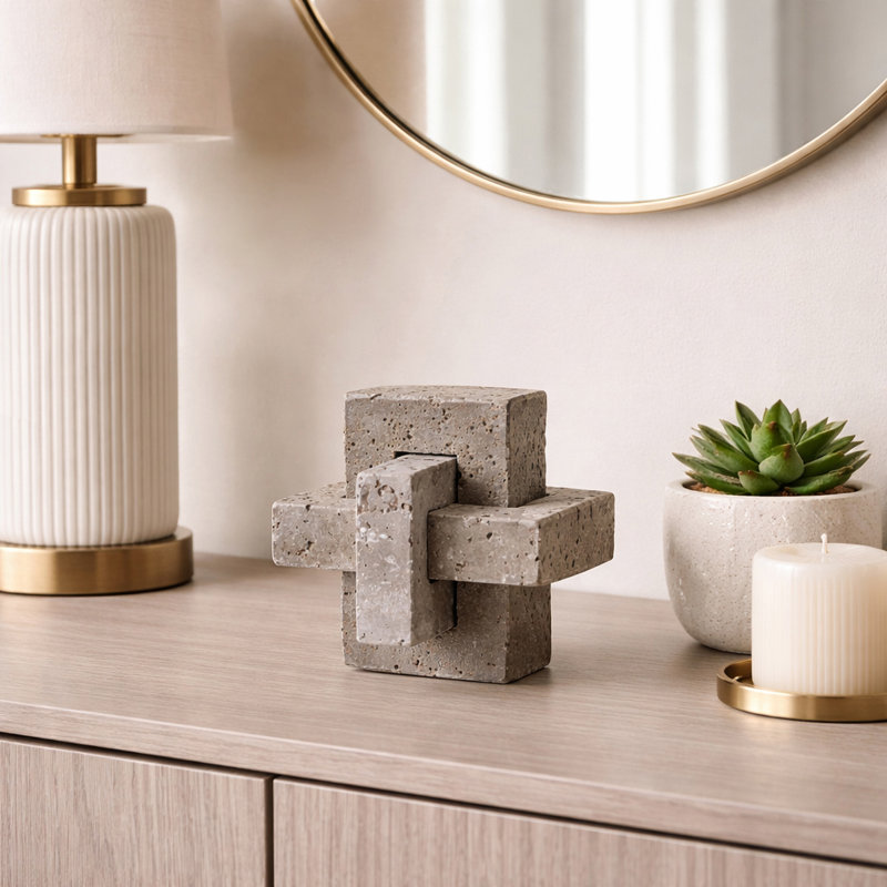 17 Stories Pierce Large Travertine Knot, Gray, 7" H x 7" W x 7" D