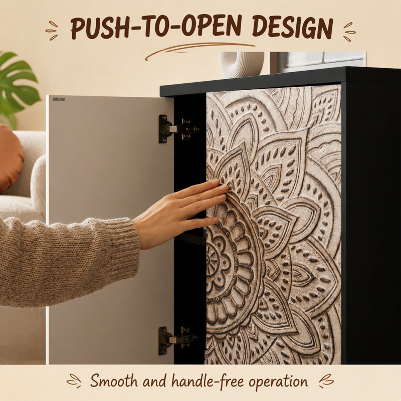 Buffet mandala en relief 3D, dosseret de style champêtre à 4 portes avec portes à ouverture par pression, meuble de rangement réglable avec pieds en bois tourné