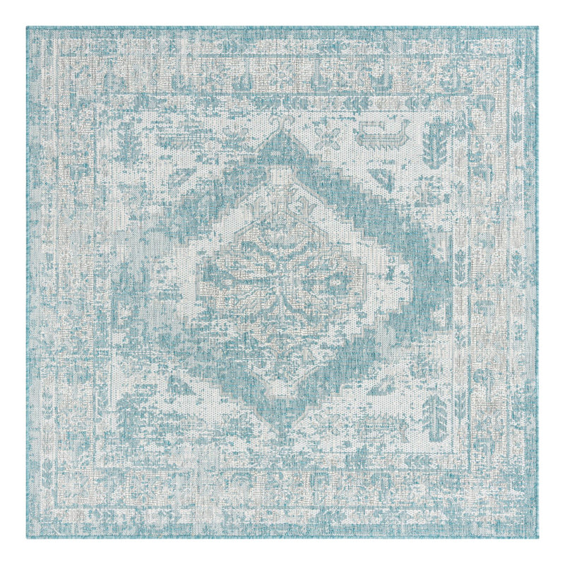 Tapis intérieur / extérieur en polypropylène tissé à la machine oriental bleu / gris, Carré 5 pi 3 po