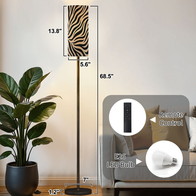 Lampe sur pied à rayures tigrées zébrées noires sans soudure pour impression beige Lampe sur pied moderne à intensité variable avec télécommande Interrupteur au pied avec abat-jour Lampe de coin à mât haut pour le bureau de la chambre à coucher