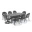 Ensemble de salle à manger d'extérieur rectangulaire 8 personnes (210 cm L) avec trou pour parasol, 2 chaises pivotantes + 6 chaises empilables, coussins rouges