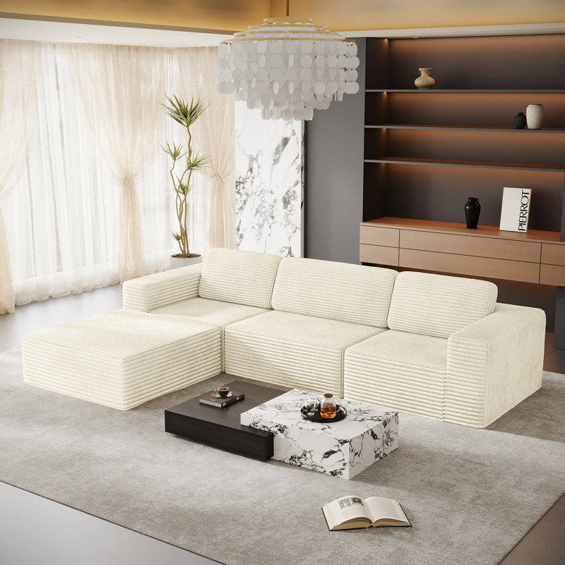 Modular Corduroy 303cm 3-seater Sofa With 1 Ottoman, No Assembly Required, With High Rebound Sponge, Beige