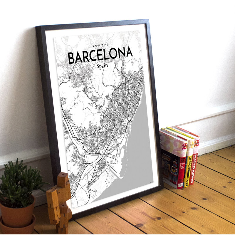 « Barcelona City Map »-impression d’art graphique sans cadre sur papier, H 36 po x l 24 po x P 0,05 po