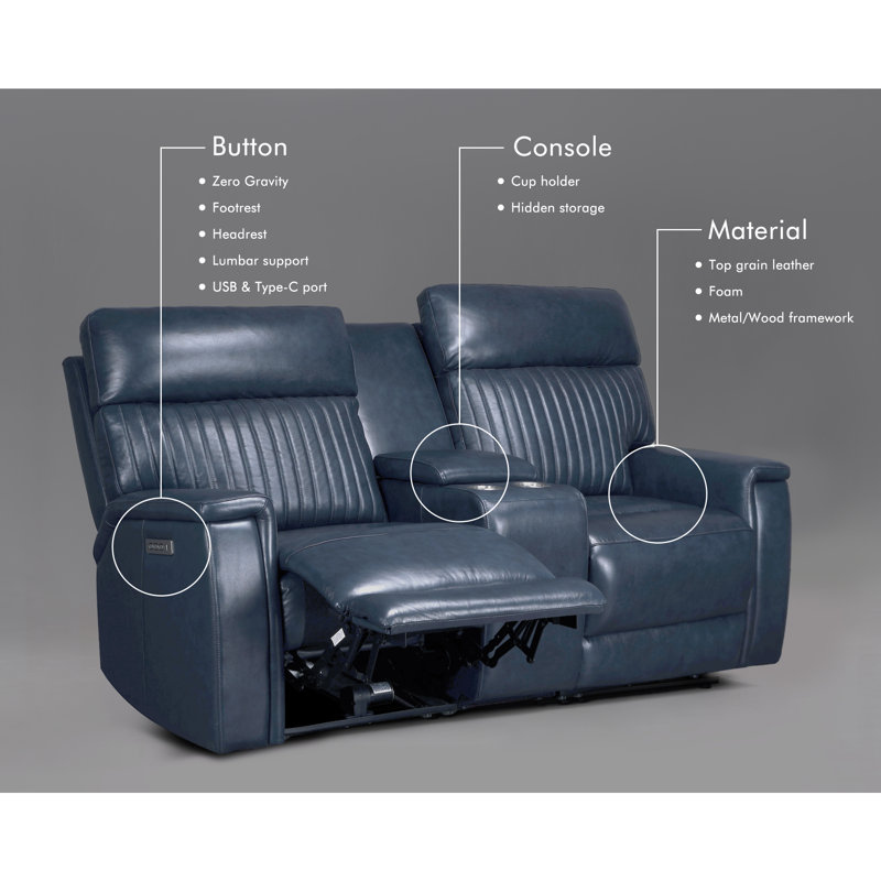 Liudgardas Triple-Motor Zero Gravity Reclining Couch Leather Sofa with USB & USB-C Charging, Blue/Navy Genuine Leather