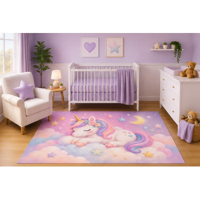 "Ultra Lightweight" 5'x7' Sleeping Unicorn Area Rug for Nursery Room, Cute Pastel Clouds Moon and Stars Fantasy Design for Baby Girl Bedroom Decor, Non-Slip Silicone Backing Low Pile