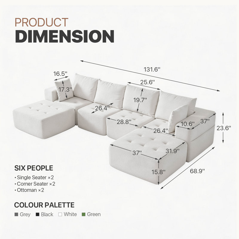 Canapé modulaire en forme de U de 131,5 po avec 2 repose-pieds en chenille désossée en forme de U et 2 repose-pieds profond, combinaison de module pour le salon 6 places