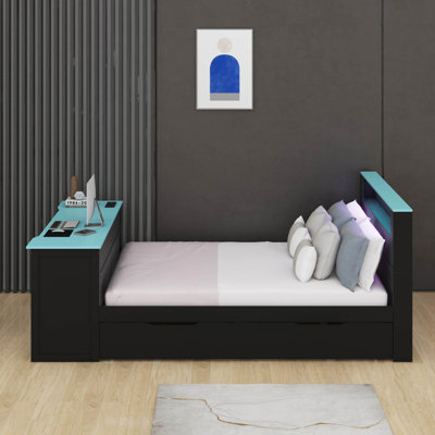 Lit de jour en bois avec bureau et lumière DEL, lit plateforme avec lit gigogne, chargement USB