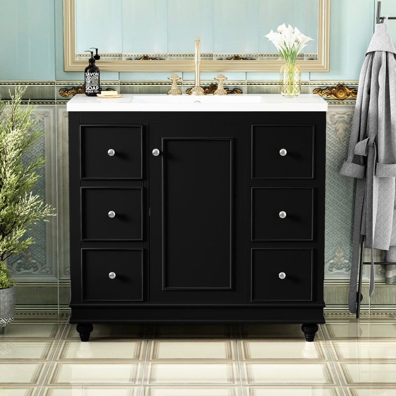 Meuble-lavabo noir, 36 x 18 x 34 po, 4 tiroirs 1 porte, lavabo en résine, tablettes réglables, bois massif et design contemporain