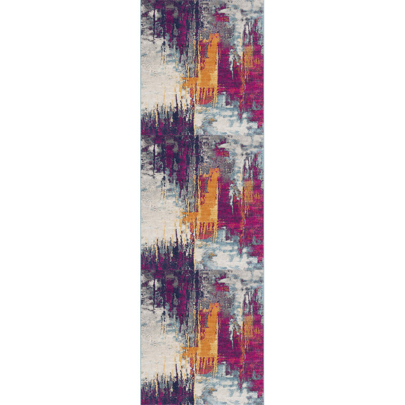 Tapis de couloir abstrait gris ivoire et magenta Comfort, Tapis de couloir 2 pi 3 po x 7 pi