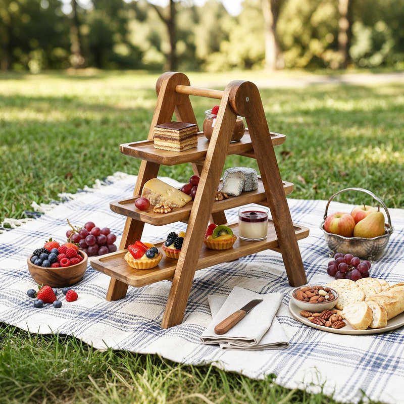 3-Tier Foldable Wooden Tray Stand, Acacia Wood Multi-Tier Display Rack with Removable Trays for Kitchen Counter Table, Brown