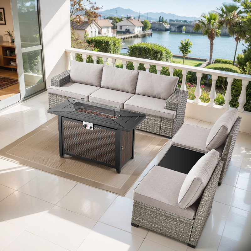 Clute Arnoltice 5 - Person Outdoor Wicker Rattan Patio Sofa Seating Group With Armless Chairs And Fire Pit Table, Beige