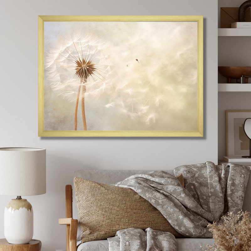 Impression romantique pissenlit blanc IV - Pissenlit blanc, Cadre doré simple, H 16 po x l 32 po x P 1 po