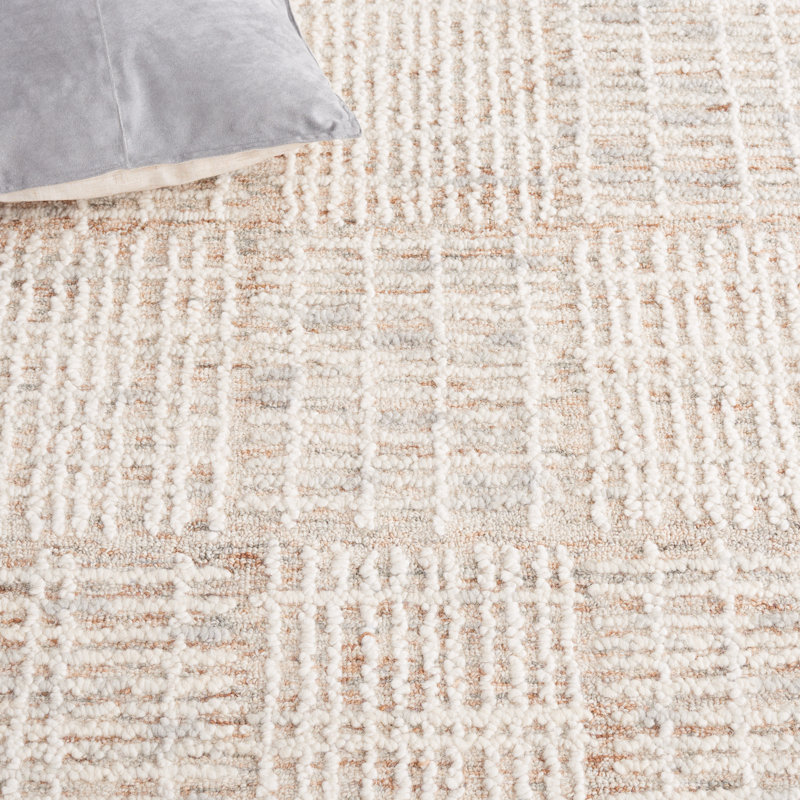 Tapis en coton à motif géométrique abstrait en laine / brun ivoire, Carré 4 pi
