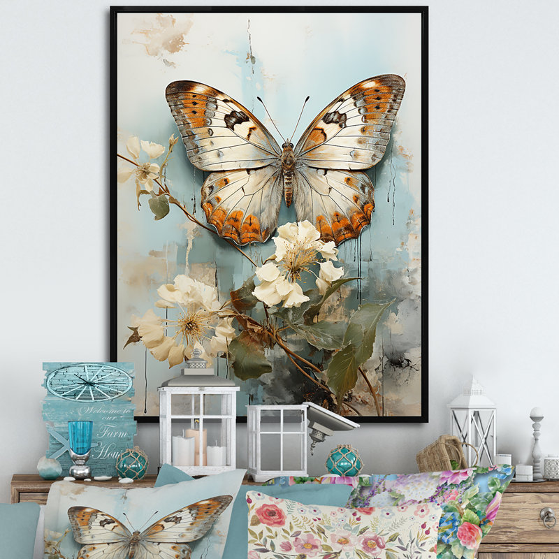 «Transcendent Neutrals Portray Butterflies I» - Décoration murale papillon, H 32 po x l 24 po x P 1 po, Cadre flottant noir