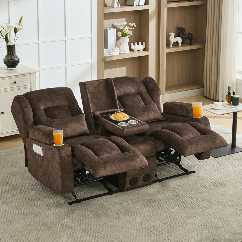 Canapé inclinable manuel avec console rabattable, porte-gobelets, ports de charge, haut-parleurs Bluetooth et lumières DEL
