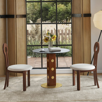 Modern Round Dining Table, 33.5" Sintered Stone Table With Wooden Leg & Gold Base, 2 - Person Kitchen Table For Small Space, 150Lbs Weight Capacity(Only The Negotiation Table)