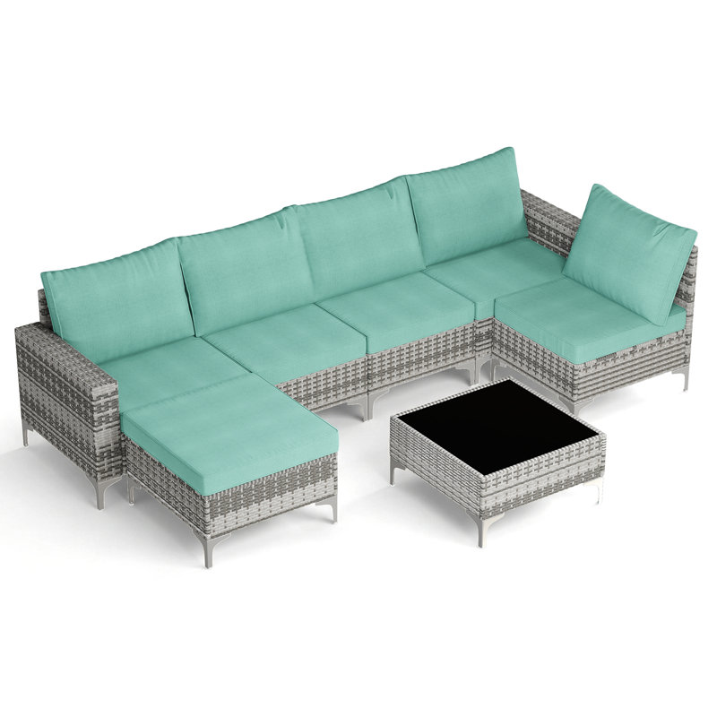 Ensemble de conversation modulaire à 6 places en osier avec coussins, Coussin vert / cadre gris