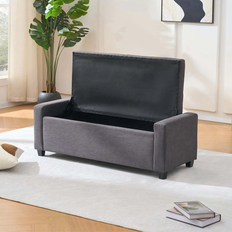 Faux Linen Upholstered Storage Bench With Safety Hinge Lid For Multi-Scene Home Use, Gray