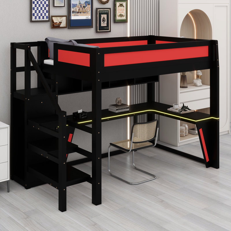 Lit mezzanine multifonctionnel avec bureau intégré, garde-robe, lumières DEL et port USB intégré, Black+red