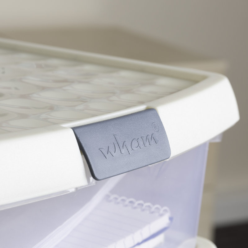 Wham Clip 13.2L Square Plastic Storage Boxes with Secure Clip Lock Lids. L:39.5 x W:39.5 x H:12cm Clear/Stone/Slate Grey