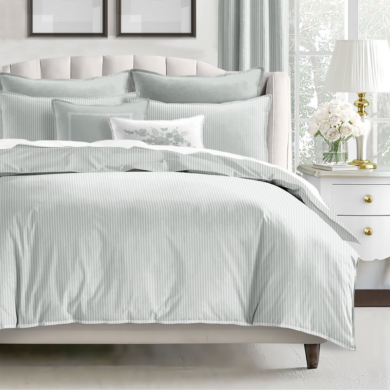 Ruben Stripe Reversible Cotton Duvet Cover Set, Sage, Full Duvet Cover + 2 Standard Shams