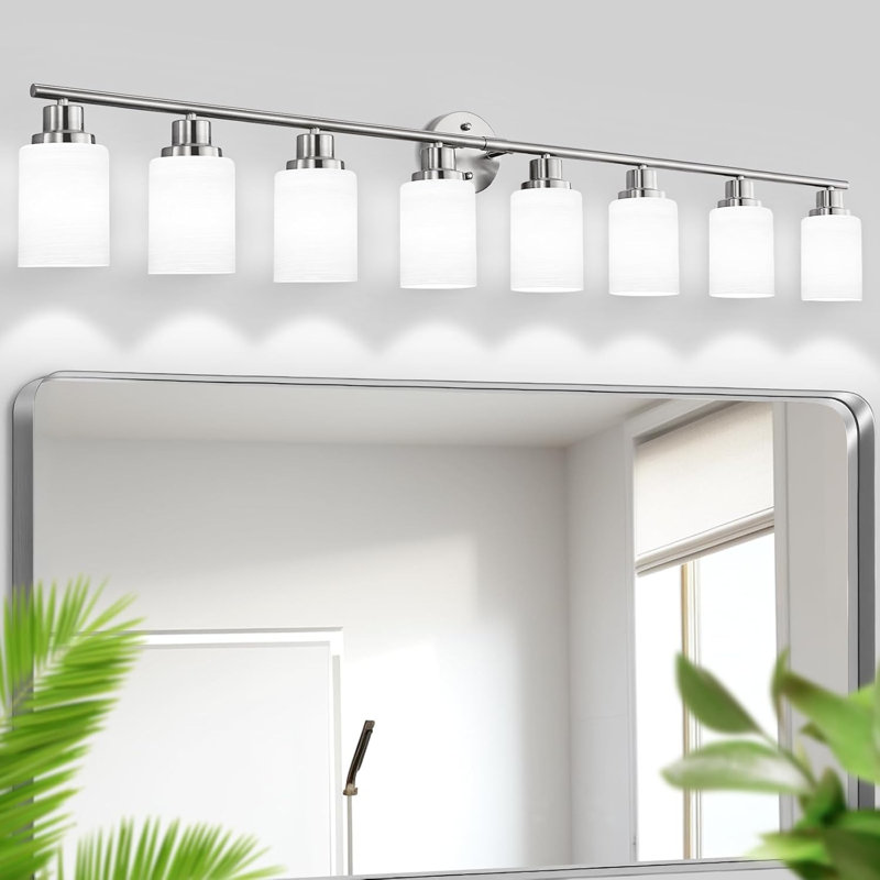 Luminaire de miroir de salle de bain 8 lumières, nickel givré en verre blanc, 8, Nickel
